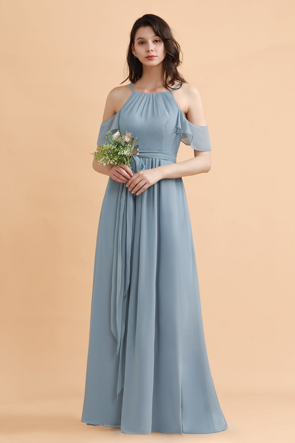 Stylish Cold-Shoulder Ruffles Chiffon Bowknot Bridesmaid Dress with Pockets On Sale-27dress