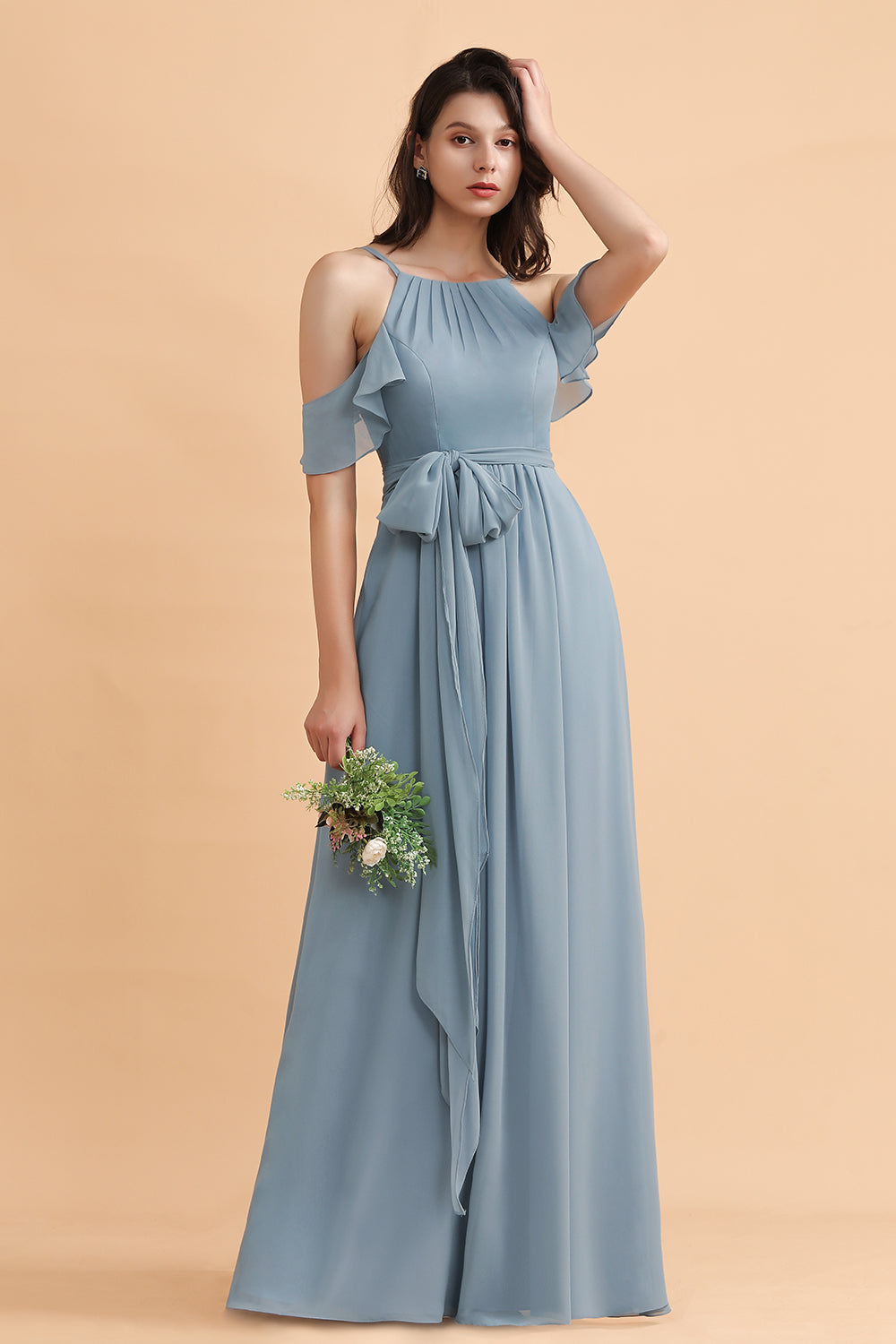 Stylish Cold-Shoulder Ruffles Chiffon Bowknot Bridesmaid Dress with Pockets On Sale-27dress