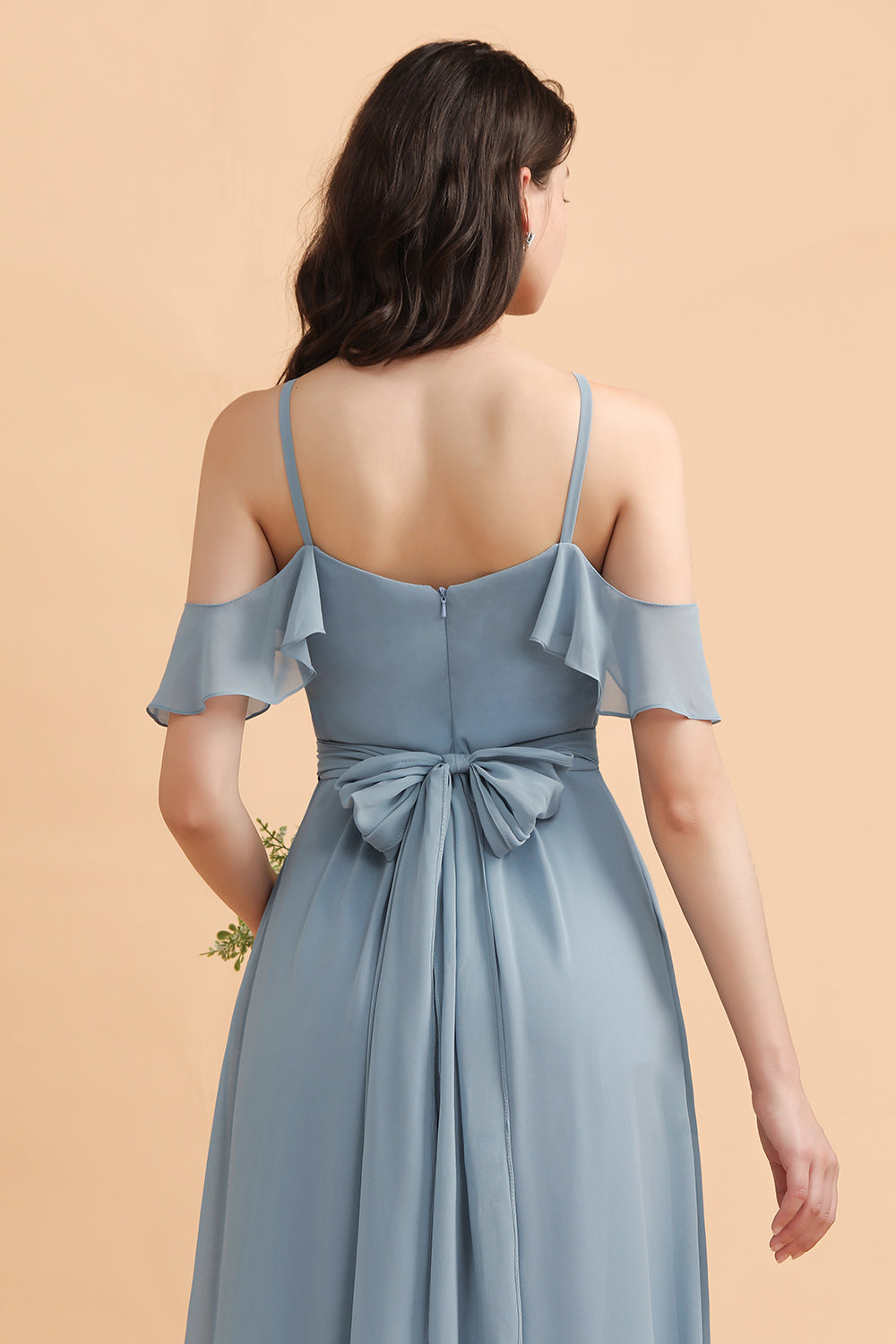 Stylish Cold-Shoulder Ruffles Chiffon Bowknot Bridesmaid Dress with Pockets On Sale-27dress