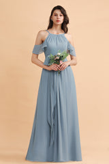 Stylish Cold-Shoulder Ruffles Chiffon Bowknot Bridesmaid Dress with Pockets On Sale-27dress