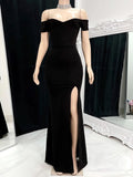 Stylish Off-the-shoulder Crepe Prom Dress with Split Front and Floor-length Sheath/Column