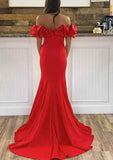 Stylish Sleeveless Off-the-Shoulder Sheath/Column Prom Dress with Ruffles & Split - Satin Sweep Train-27dress