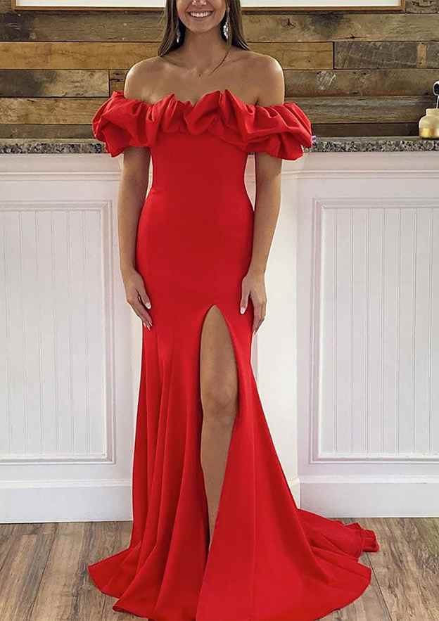 Stylish Sleeveless Off-the-Shoulder Sheath/Column Prom Dress with Ruffles & Split - Satin Sweep Train-27dress