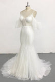 Stylish Sleeveless V-Neck Ivory Wedding Dresses Spaghetti Straps Pearls Bridal Gowns On Sale-27dress