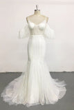 Stylish Sleeveless V-Neck Ivory Wedding Dresses Spaghetti Straps Pearls Bridal Gowns On Sale-27dress