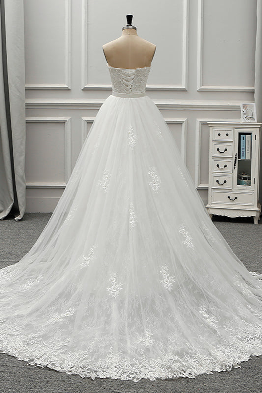 Stylish Strapless Sweetheart Tulle White Wedding Dress Appliqes Sleeveless A-Line Bridal Gowns On Sale-27dress