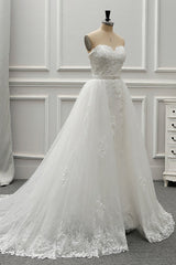 Stylish Strapless Sweetheart Tulle White Wedding Dress Appliqes Sleeveless A-Line Bridal Gowns On Sale-27dress