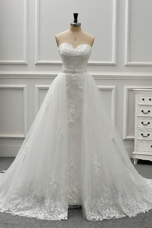 Stylish Strapless Sweetheart Tulle White Wedding Dress Appliqes Sleeveless A-Line Bridal Gowns On Sale-27dress