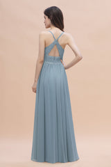 Stylish Straps V-Neck Chiffon Lace Dusty Blue Bridesmaid Dress On Sale-27dress