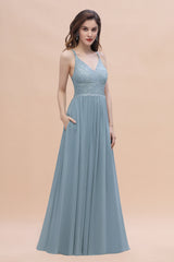 Stylish Straps V-Neck Chiffon Lace Dusty Blue Bridesmaid Dress On Sale-27dress