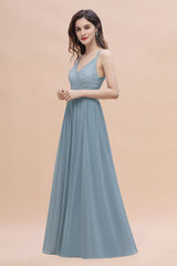 Stylish Straps V-Neck Chiffon Lace Dusty Blue Bridesmaid Dress On Sale-27dress