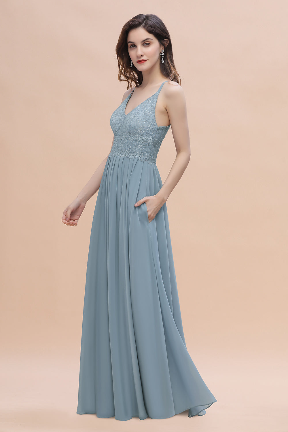 Stylish Straps V-Neck Chiffon Lace Dusty Blue Bridesmaid Dress On Sale-27dress