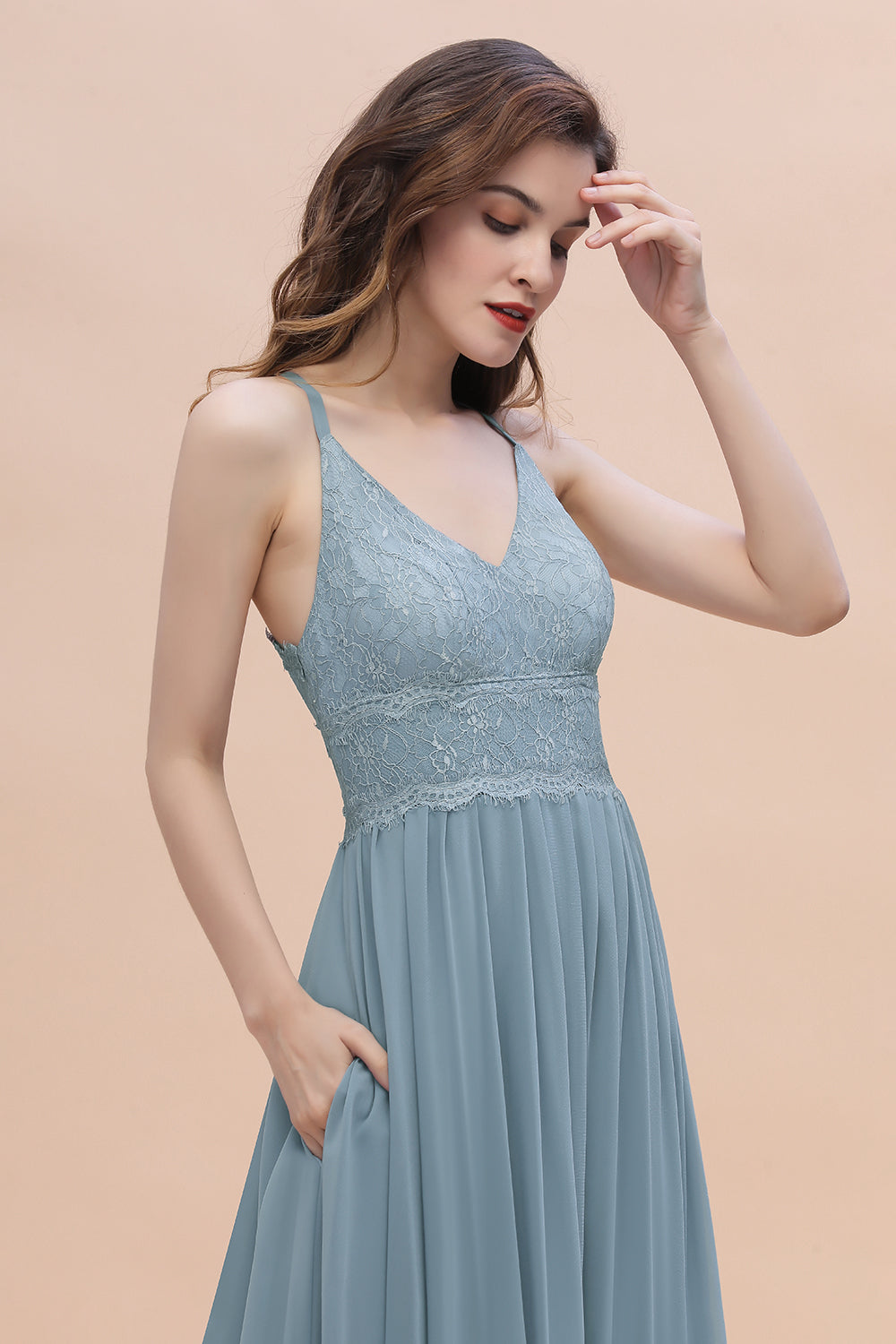 Stylish Straps V-Neck Chiffon Lace Dusty Blue Bridesmaid Dress On Sale-27dress