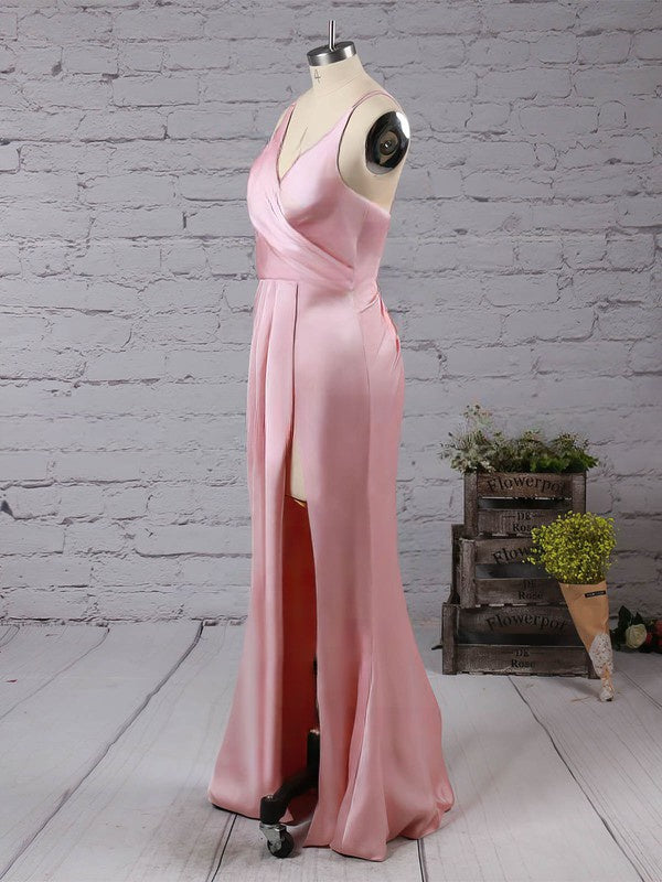 Stylish V-neck Silk-like Satin Split Front Prom Dress for Trumpet/Mermaid Look