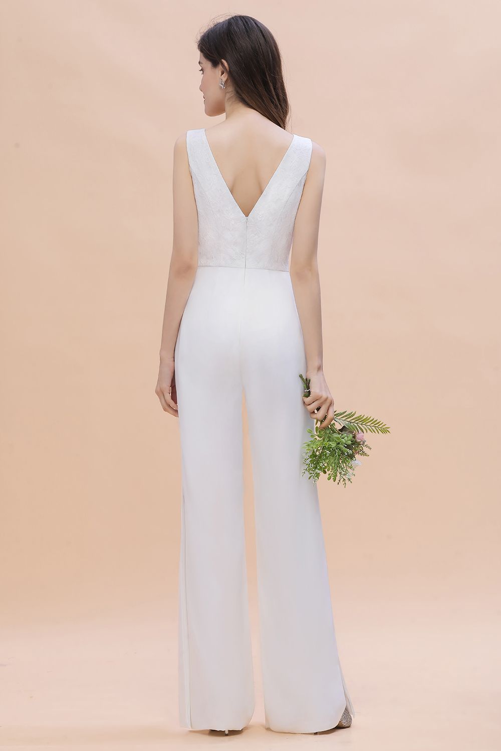 Stylish V-neck Sleeveless White Lace Bridesmaid Jumpsuit Online-27dress