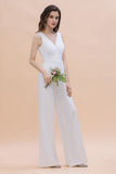 Stylish V-neck Sleeveless White Lace Bridesmaid Jumpsuit Online-27dress