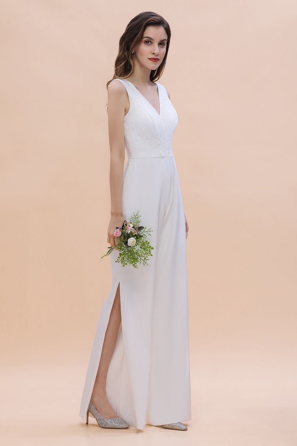 Stylish V-neck Sleeveless White Lace Bridesmaid Jumpsuit Online-27dress