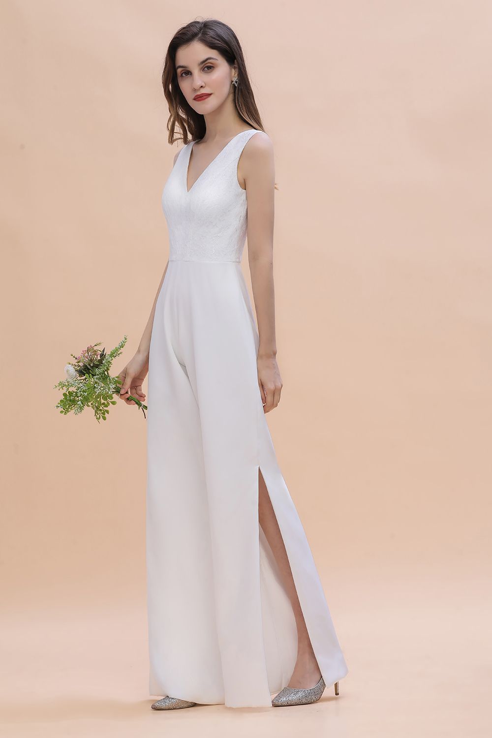 Stylish V-neck Sleeveless White Lace Bridesmaid Jumpsuit Online-27dress