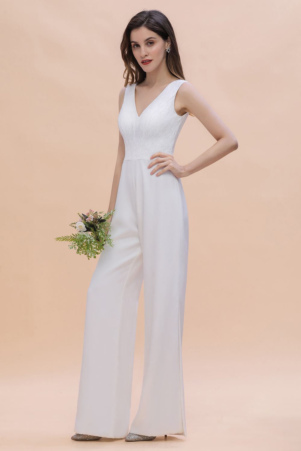 Stylish V-neck Sleeveless White Lace Bridesmaid Jumpsuit Online-27dress