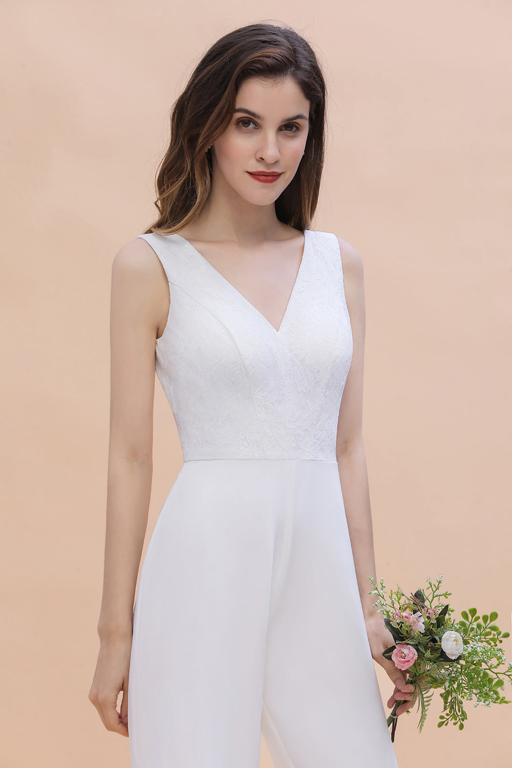 Stylish V-neck Sleeveless White Lace Bridesmaid Jumpsuit Online-27dress