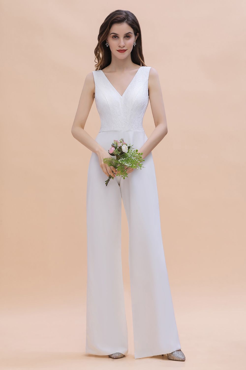 Stylish V-neck Sleeveless White Lace Bridesmaid Jumpsuit Online-27dress