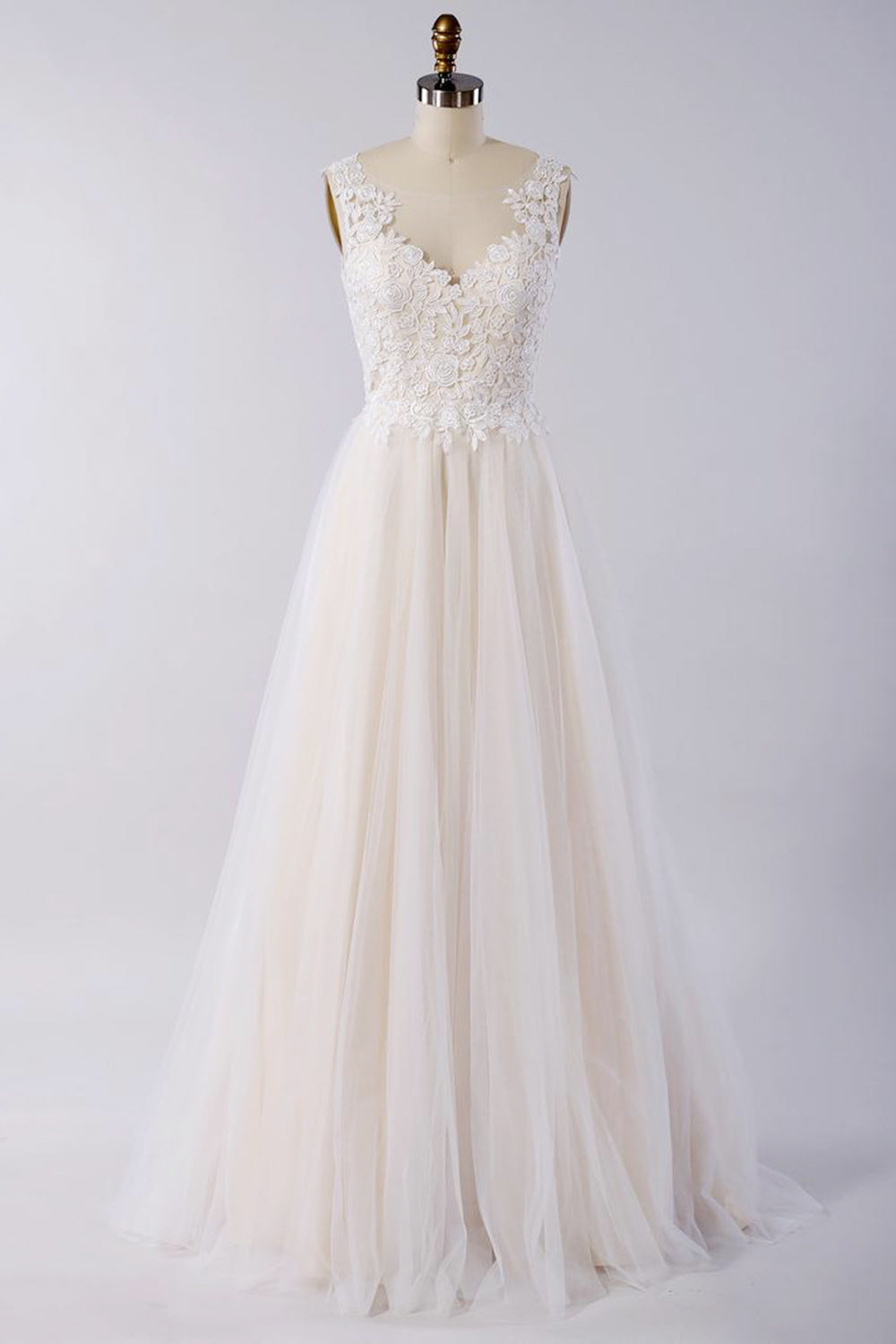 Stylish V-neck Straps Tulle Wedding Dress Appliques A-line Ruffles Bridal Gowns On Sale-27dress