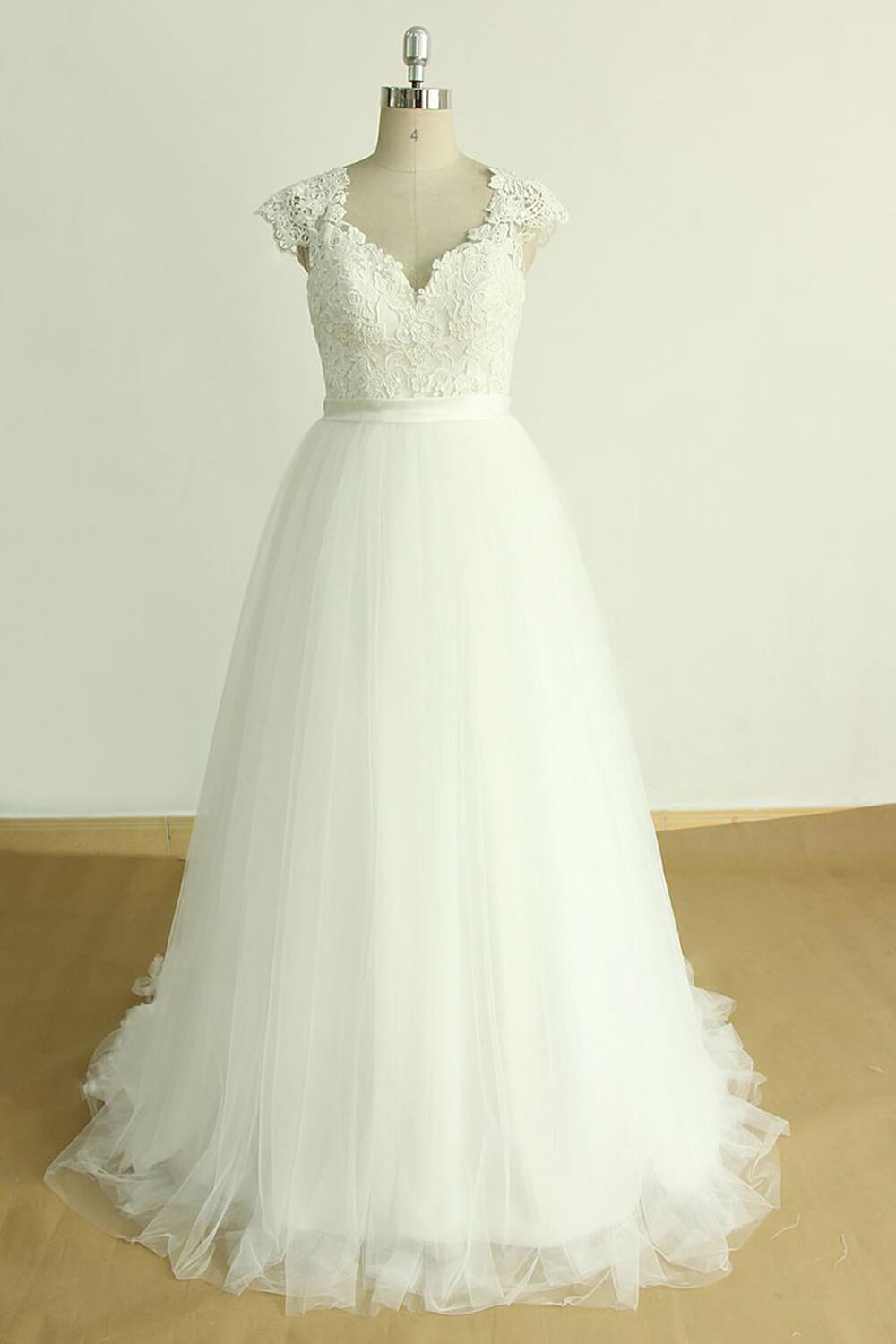 Stylish White Tulle Lace Wedding Dress Appliques A-line Ruffles Bridal Gowns On Sale-27dress