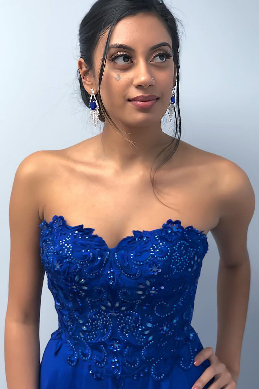 Sweetheart Beaded Navy Blue Long Prom Dress