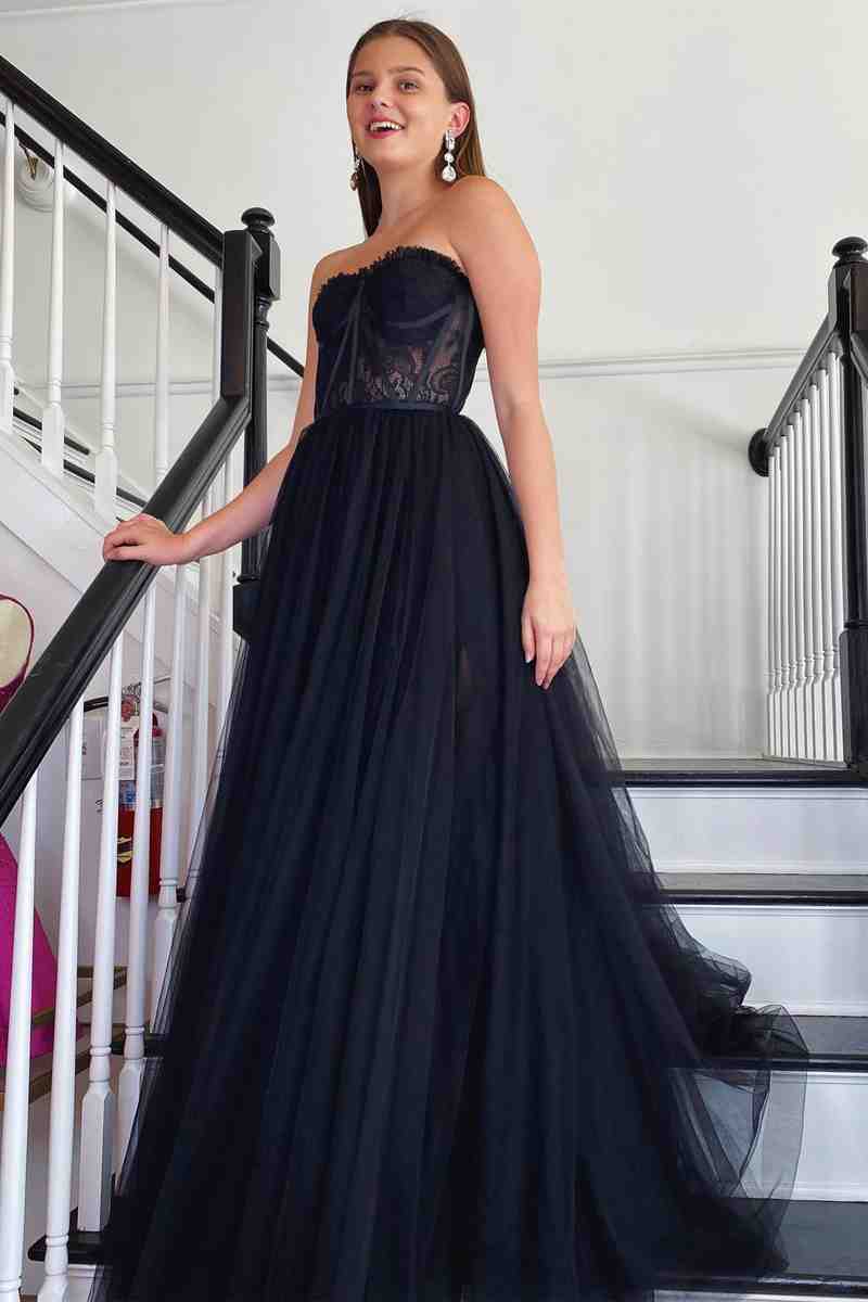 Sweetheart Black Corset Lace Tulle Long Prom Dress