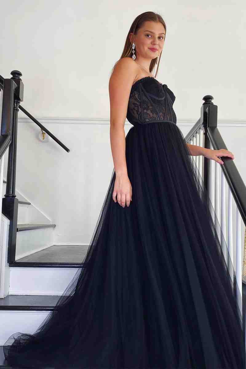 Sweetheart Black Corset Lace Tulle Long Prom Dress