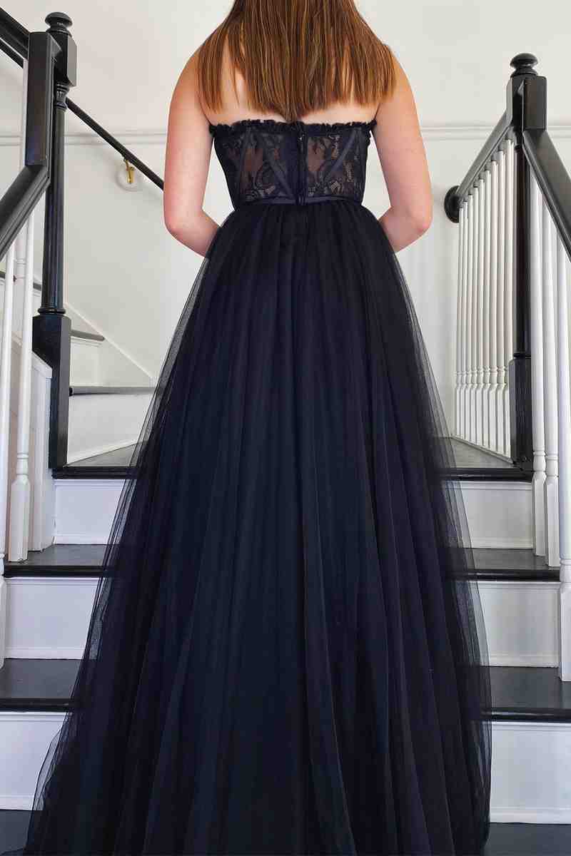 Sweetheart Black Corset Lace Tulle Long Prom Dress