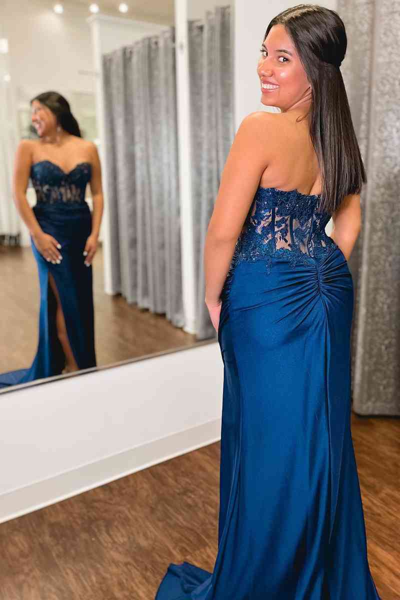 Sweetheart Blue Corset Pleated Long Prom Dress-27dress