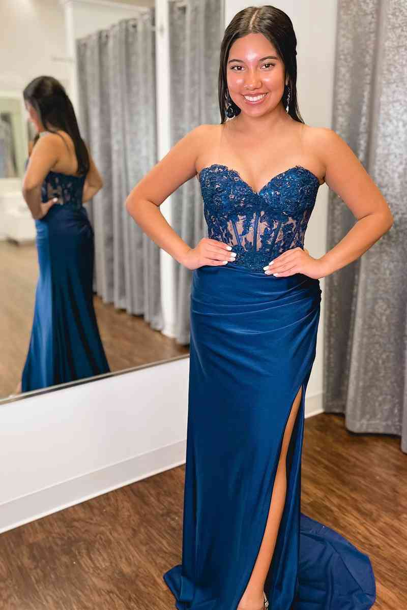 Sweetheart Blue Corset Pleated Long Prom Dress-27dress