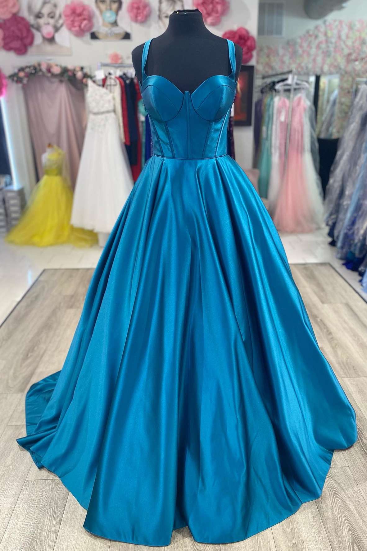 Sweetheart Blue Satin A-Line Prom Dress