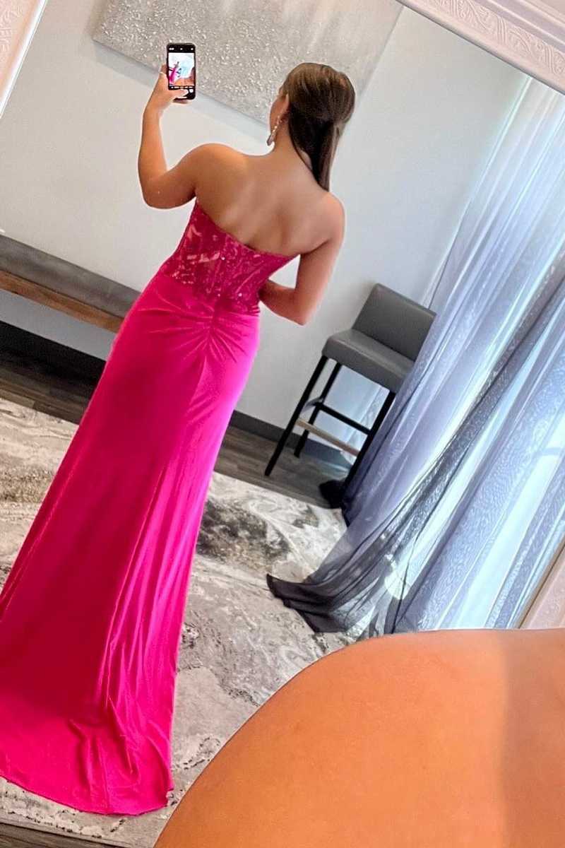 Sweetheart Corset Lace Hot Pink Long Prom Dress with Slit