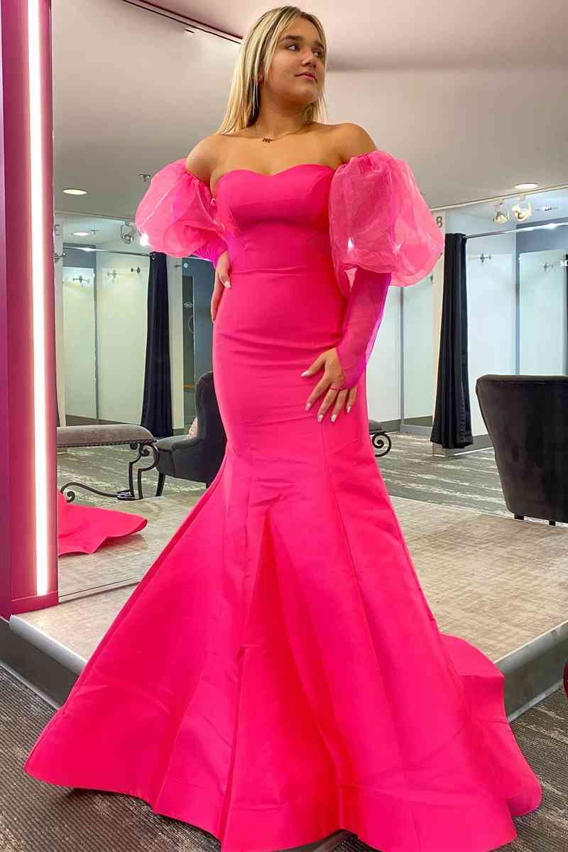 Sweetheart Hot Pink Puff Sleeves Satin Mermaid Prom Dress