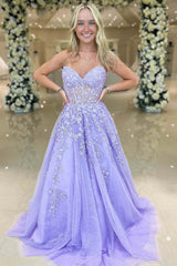 Sweetheart Lavender Lace Corset A-Line Long Prom Dress