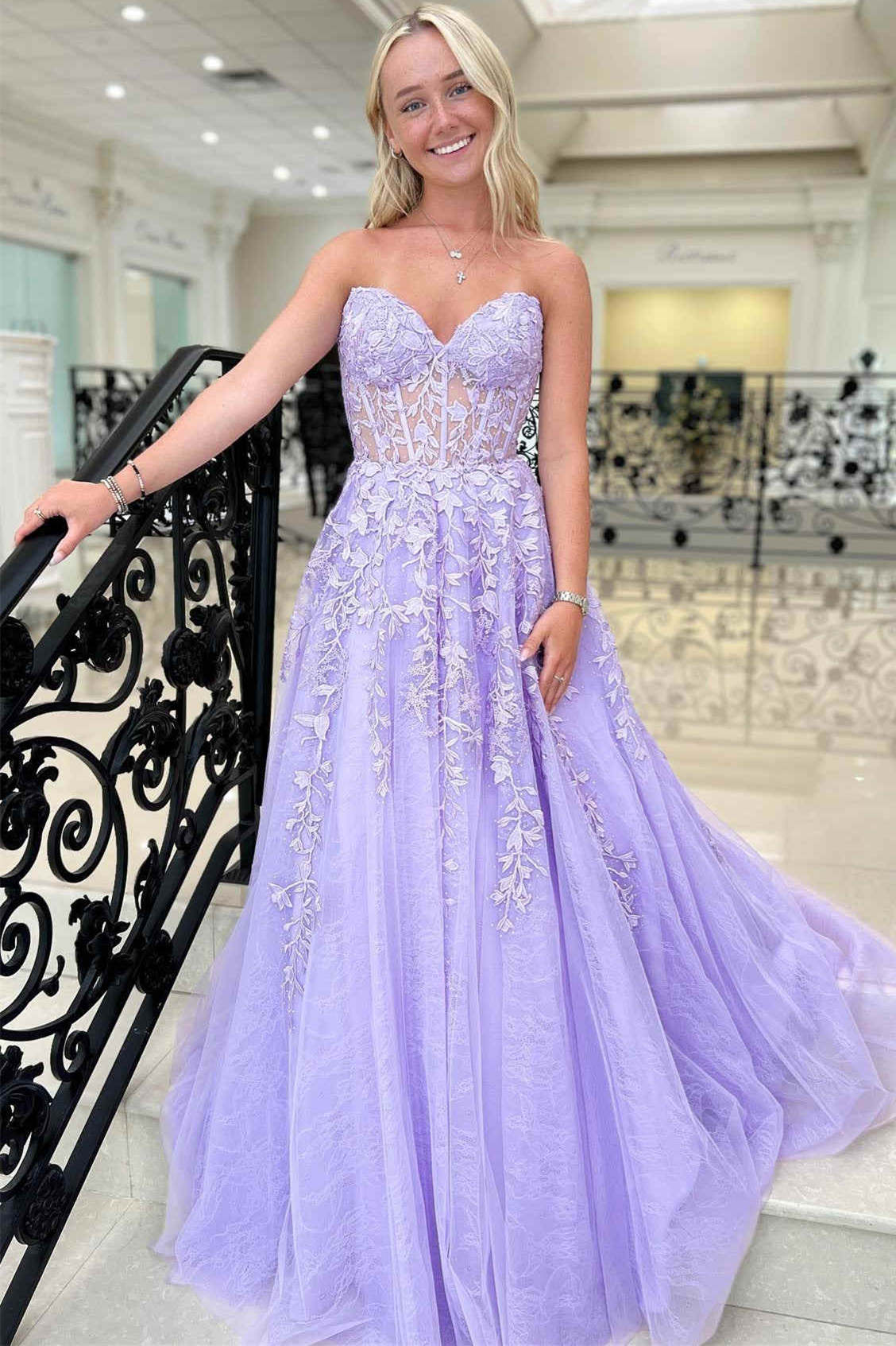 Sweetheart Lavender Lace Corset A-Line Long Prom Dress