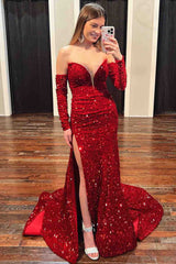 Sweetheart Red Glitters Mermaid Prom Dress with Long Sleeves