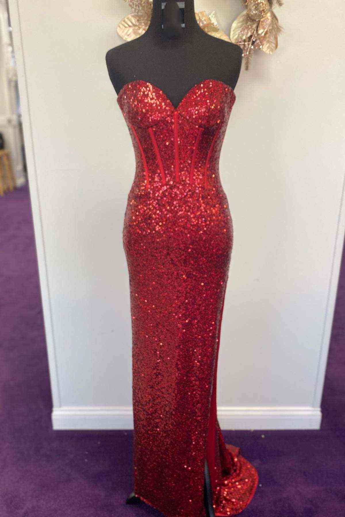 Sweetheart Red Sequins Long Prom Dress with Sweep Train