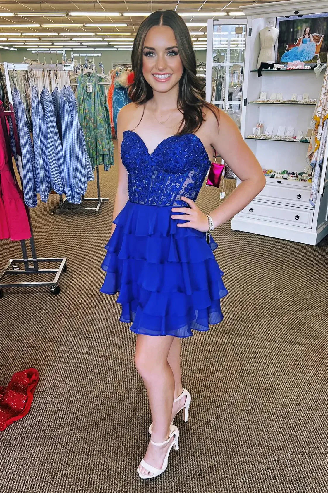 Sweetheart Royal Blue Lace Corset A-Line Tiered Short Party Dress