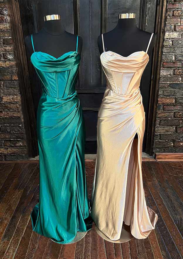 Sweetheart Sleeveless Prom Dress with Split Ruffles and Silk like Satin Sweep Train Sheath/Column-27dress