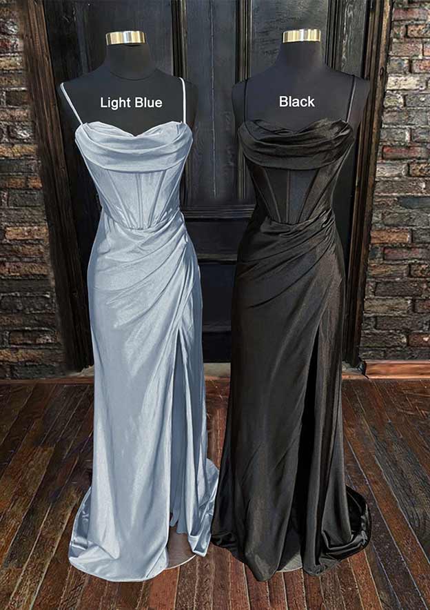 Sweetheart Sleeveless Prom Dress with Split Ruffles and Silk like Satin Sweep Train Sheath/Column-27dress