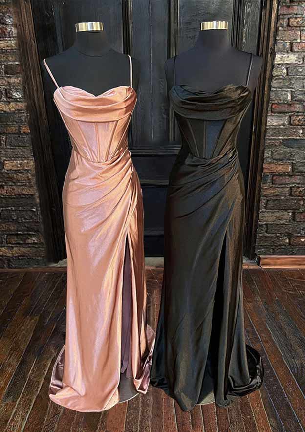 Sweetheart Sleeveless Prom Dress with Split Ruffles and Silk like Satin Sweep Train Sheath/Column-27dress