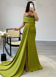 Sweetheart Sleeveless Satin Prom Dresses with Elastic Sweep Train Sheath-27dress