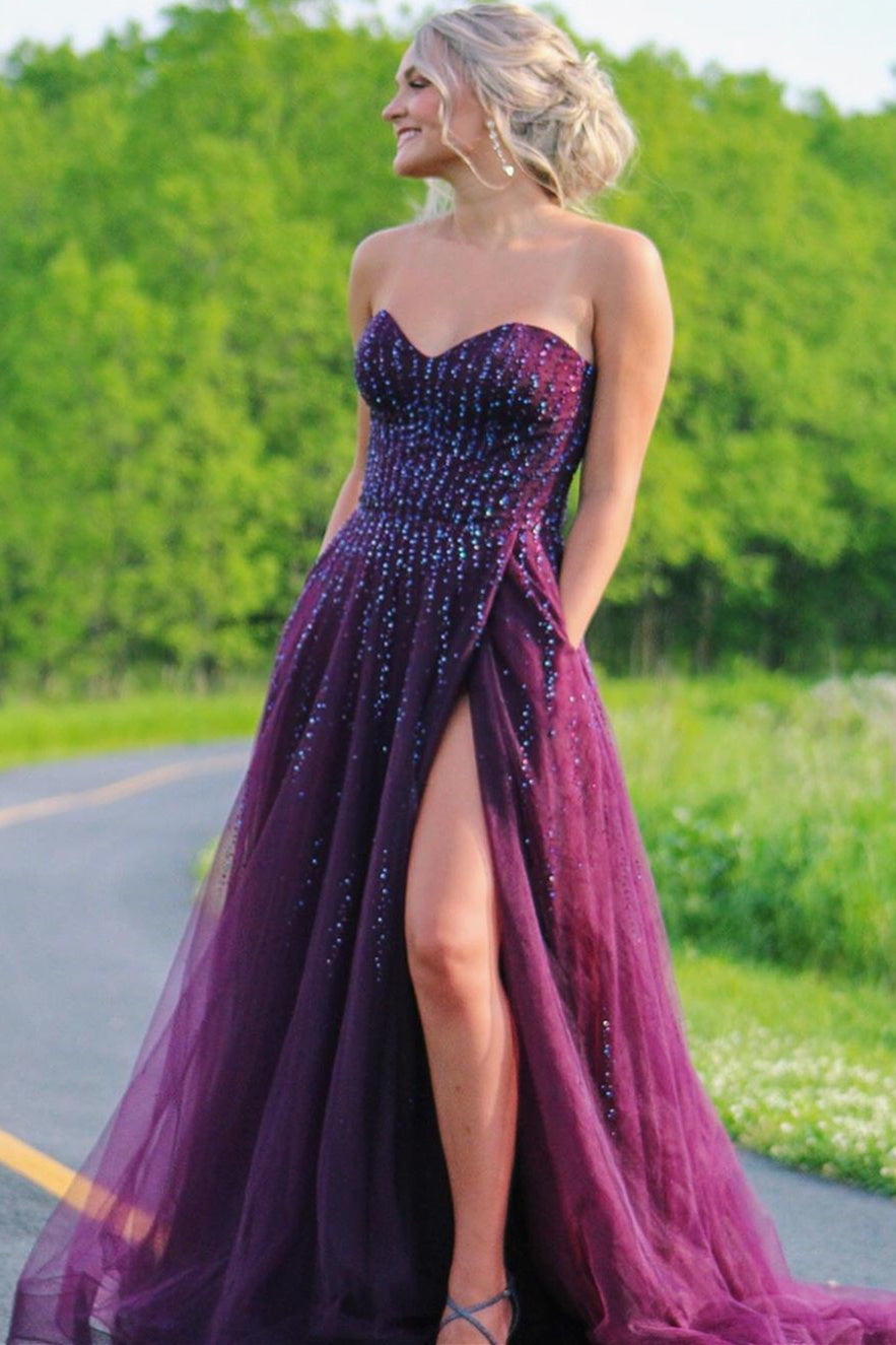 Sweetheart Strapless A-line Long Prom Dress with Slit-27dress