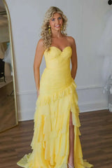 Sweetheart Yellow Pleated Ruffle Prom Dress with Slit