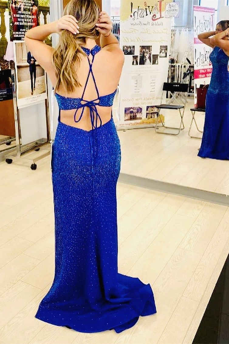 Tie Back Royal Blue Prom Dress with Slit