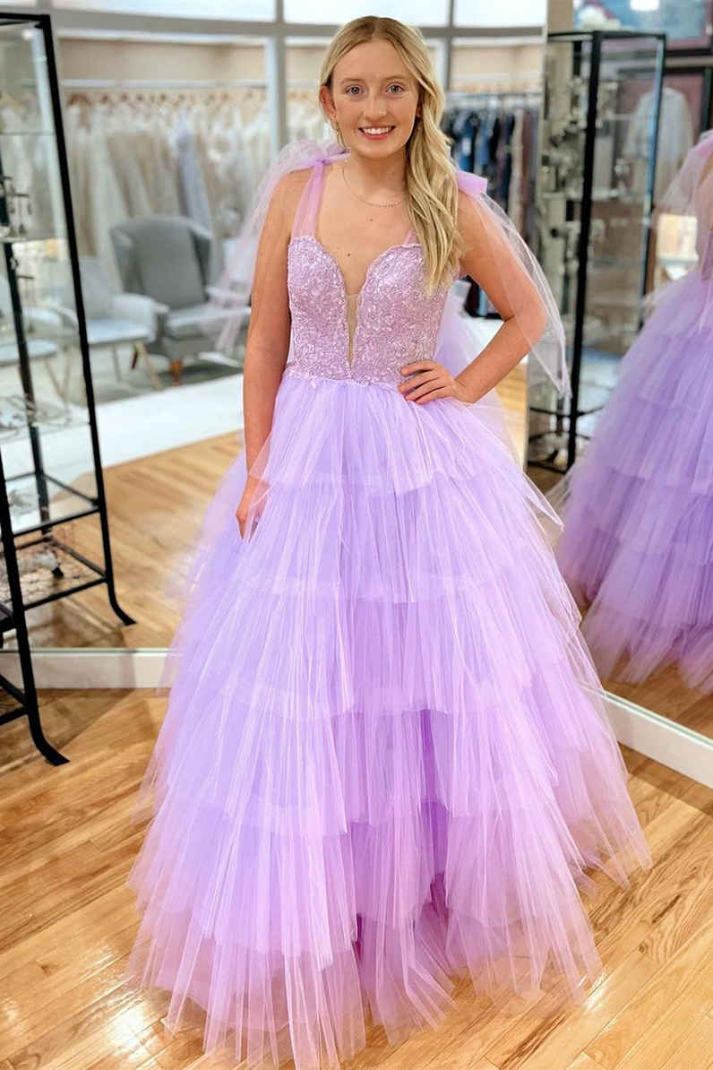 Tie Straps Illusion Crew Neck Lavender Ruffle Prom Dress