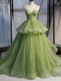 Tiered Ball Gown Sweetheart Tulle Sweep Train Prom Dresses